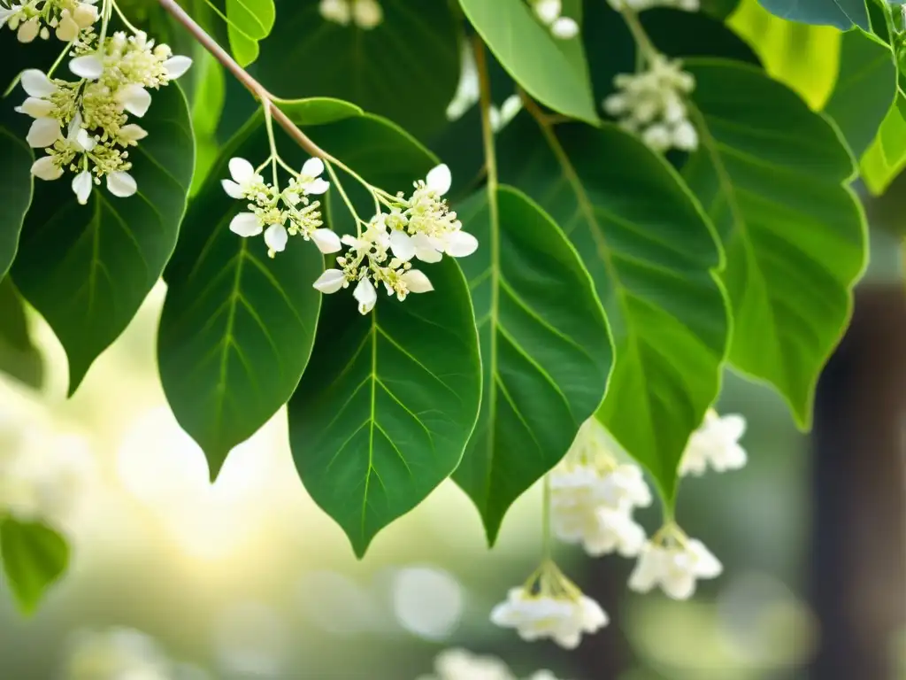 Detalle vintage de un árbol de moringa en flor, resaltando sus beneficios como suplemento natural