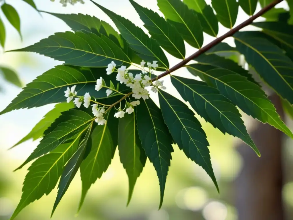 Detalle vintage de un árbol Neem con hojas verdes, flores blancas y luz solar filtrada