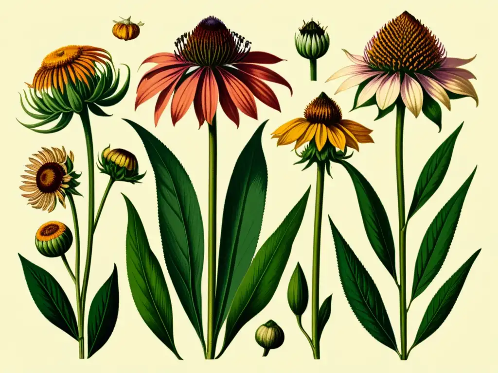 Detalle vintage de Echinacea, resaltando su belleza y variedad, ideal para fortalecer la inmunidad