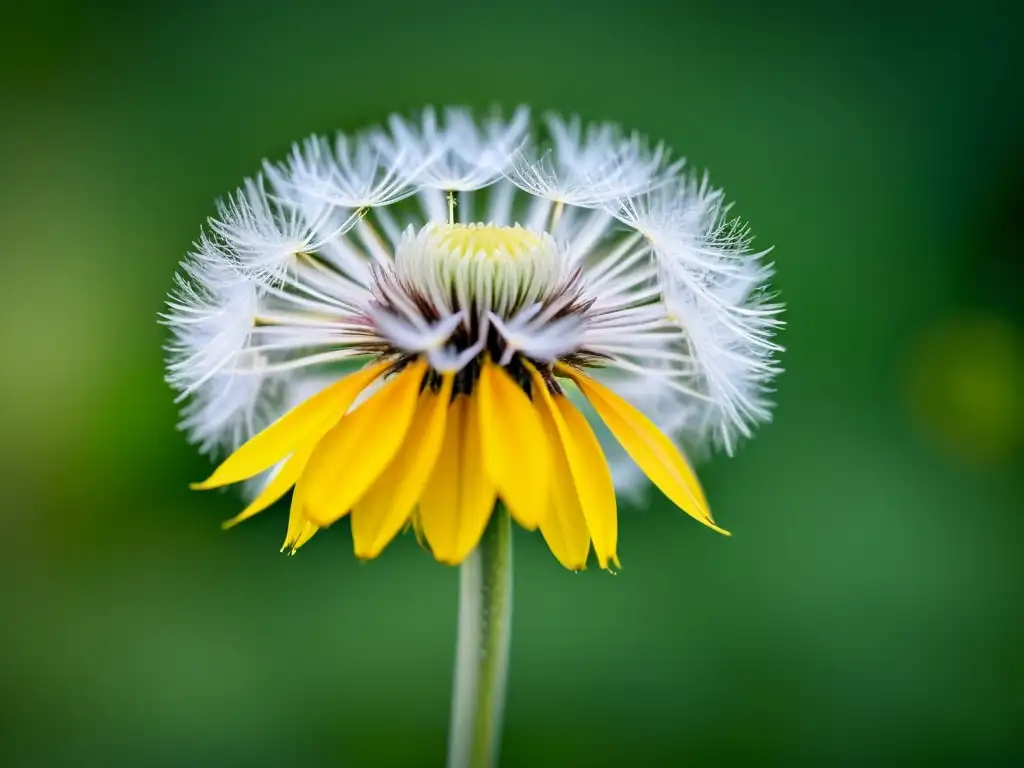 Detalle vintage de un diente de león con sus delicados pétalos amarillos y semillas etéreas, evocando los beneficios del diente de león para la salud