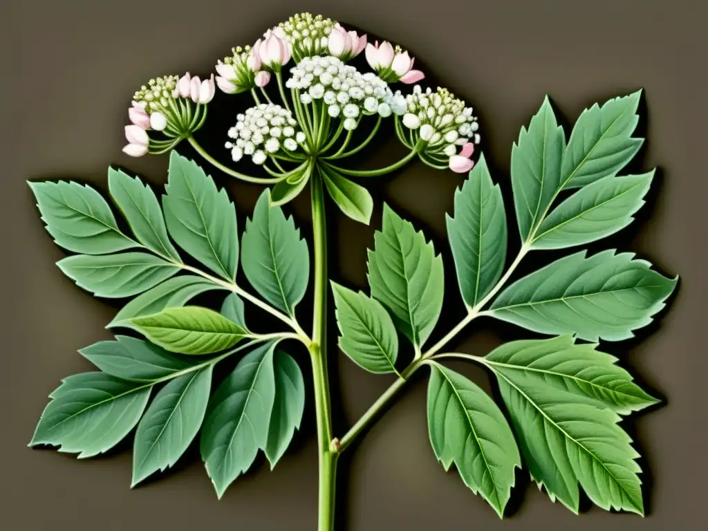 Detalle vintage de ilustración botánica de Valeriana officinalis con flores blancas y rosadas, hojas exuberantes y sistema de raíces