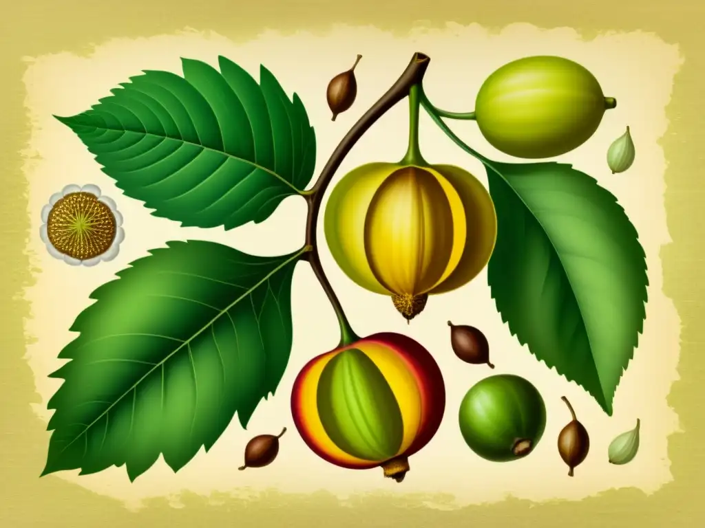 Detalle vintage de ilustración botánica de frutas de Triphala: amla, bibhitaki, haritaki