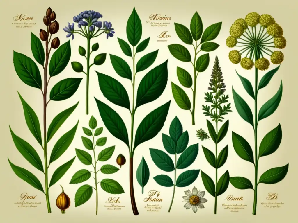 Detalle vintage de hierbas y plantas con técnicas conservación conocimiento herbolario en ilustración botánica