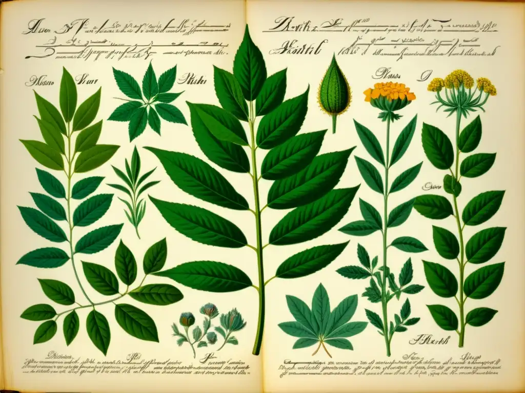 Ilustración botánica vintage detallada de hierbas y plantas medicinales Detalle vintage de ilustración botánica de hierbas y plantas para tratamientos herbales en medicina tradicional, con colores vibrantes y líneas finas