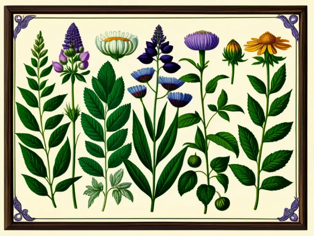 Detalle vintage de ilustración botánica, historia farmacológica de medicina herbal