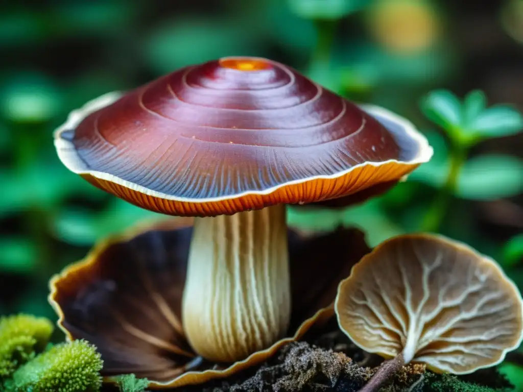 Detalle vintage de un Hongo Reishi, con su intrincado sombrero rojizo y bordes blancos