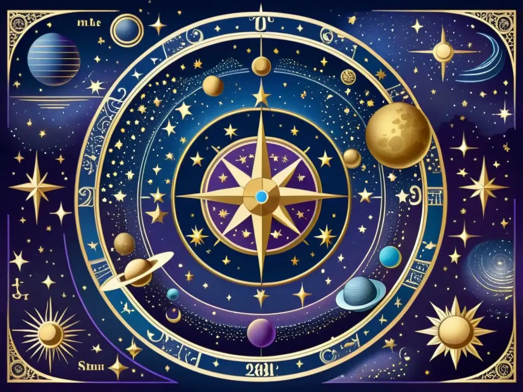 Detalle vintage de un mapa celestial con astros y planetas, evocando la conexión entre la astrología y medicina antigua