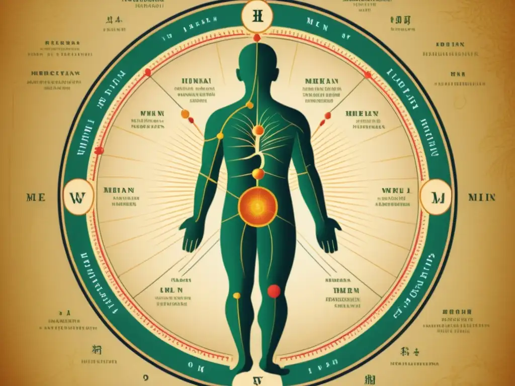 Ilustración vintage de meridianos en el cuerpo humano Detalle vintage del mapa de meridianos en acupuntura, con puntos clave resaltados en una ilustración cálida y evocadora