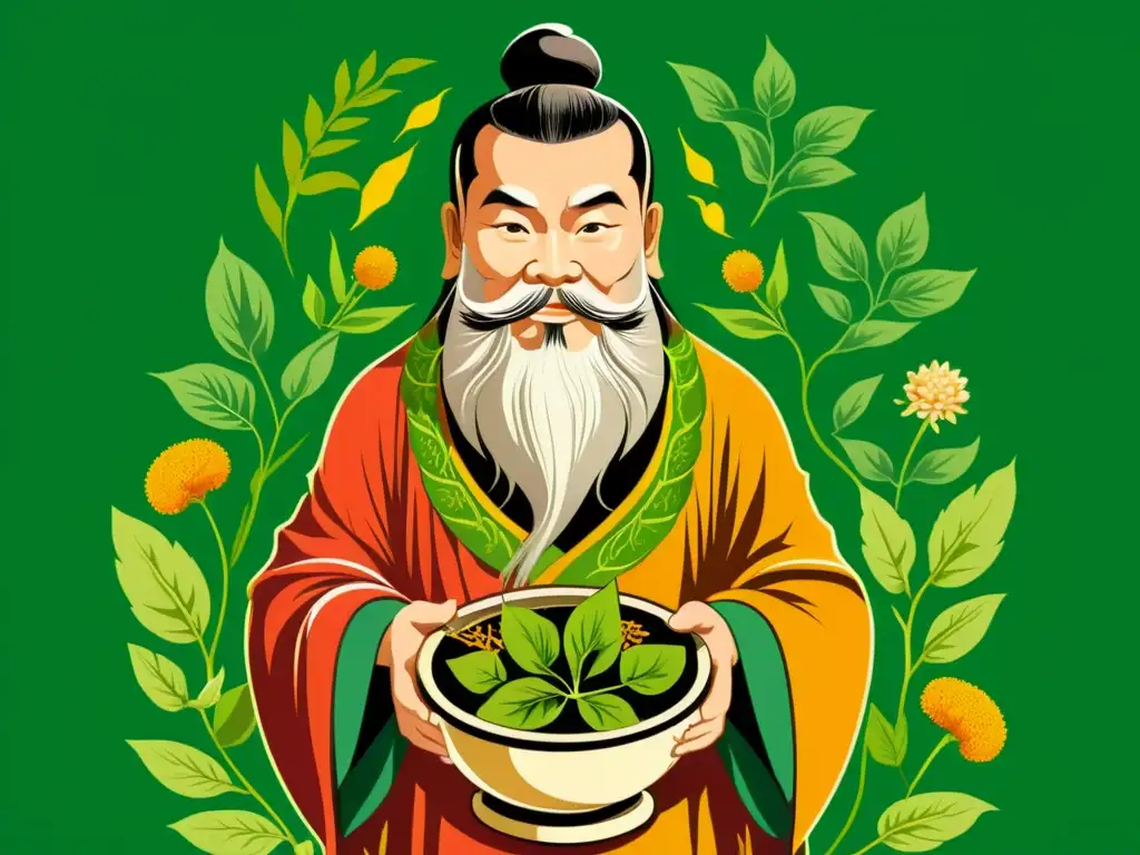 Detalle vintage de Shennong, padre de la medicina tradicional china, rodeado de hierbas medicinales en un aura de sabiduría y energía sanadora