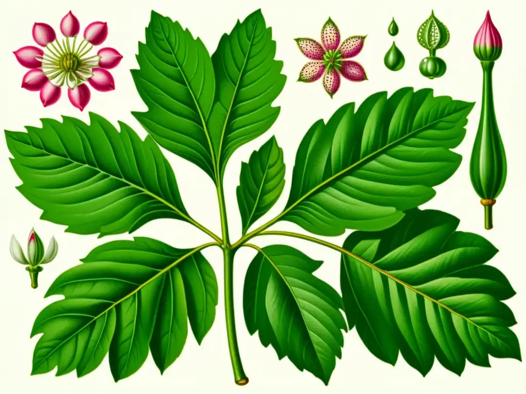 Detalle vintage de la planta Bálsamo de Gilead, con hojas verdes, flores rosadas y resina