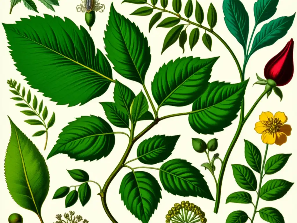Detalle vintage de plantas medicinales en germoplasma, resaltando su rica biodiversidad y tradición histórica