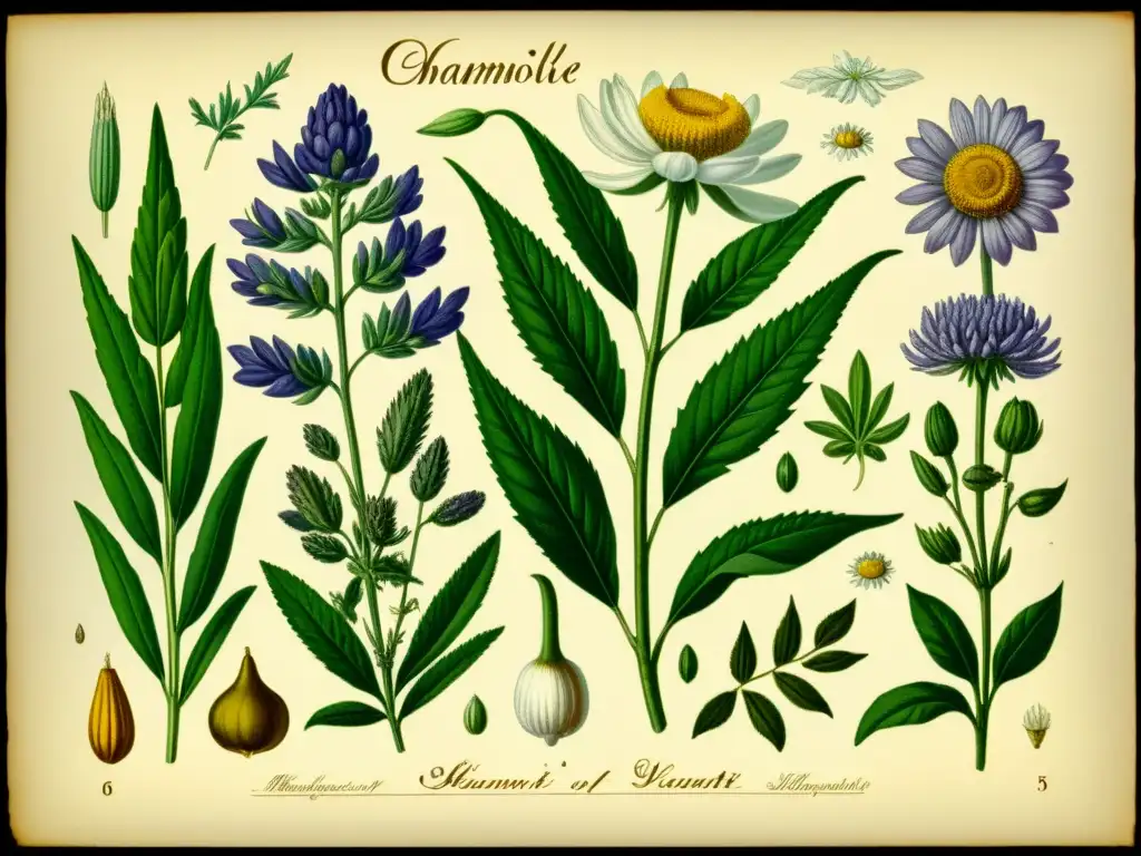 Detalle vintage de plantas medicinales de la historia: manzanilla, lavanda y sábila, con colores desgastados y elegante caligrafía