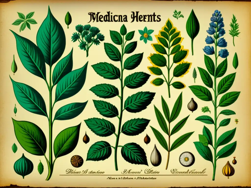 Detalle vintage de plantas medicinales en ilustración botánica