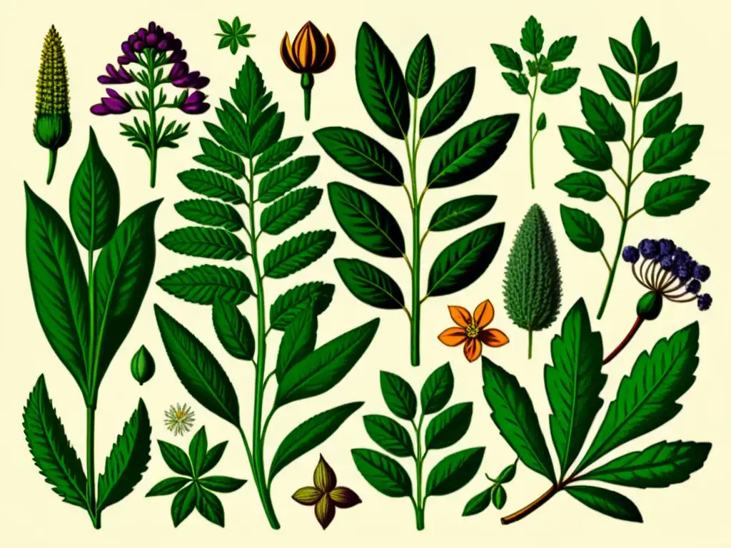 Detalle vintage de plantas medicinales en ilustración botánica, evocando la esencia de la medicina herbolaria y sus prácticas tradicionales