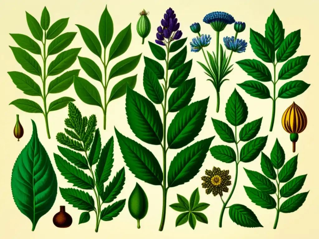 Detalle vintage de ilustración botánica de plantas medicinales, exudando sabiduría y naturaleza