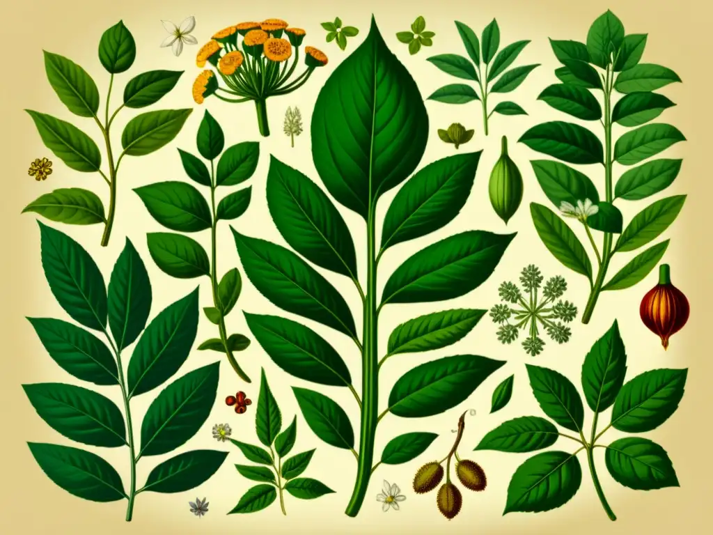 Detalle vintage de plantas medicinales contrarrestan tratamientos enfermedades crónicas en ilustración botánica, evocando sabiduría atemporal