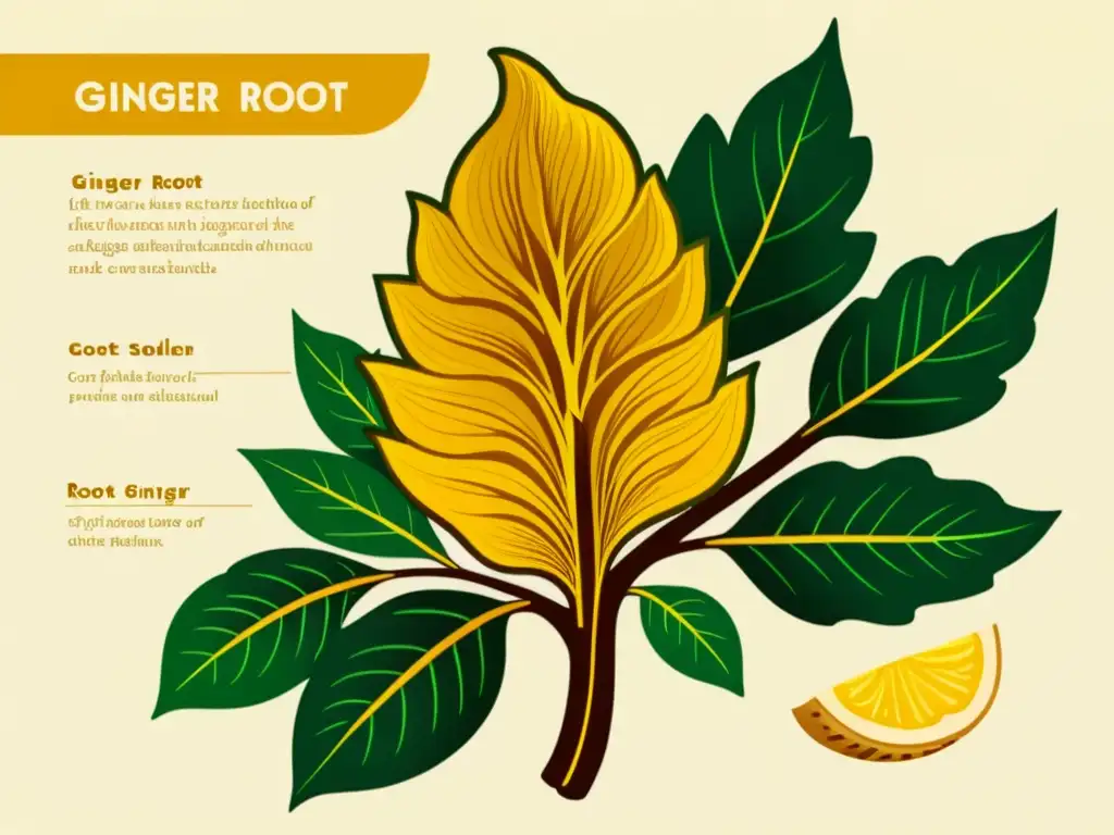 Detalle vintage de la raíz de jengibre, con sus propiedades antieméticas y tonos dorados vibrantes