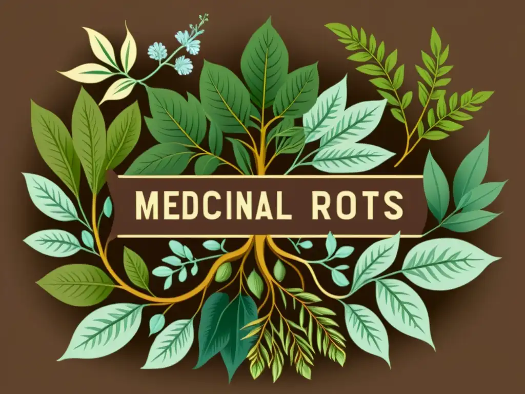 Detalle vintage de raíces medicinales ilustradas en tonos terrosos, evolución del conocimiento botánico