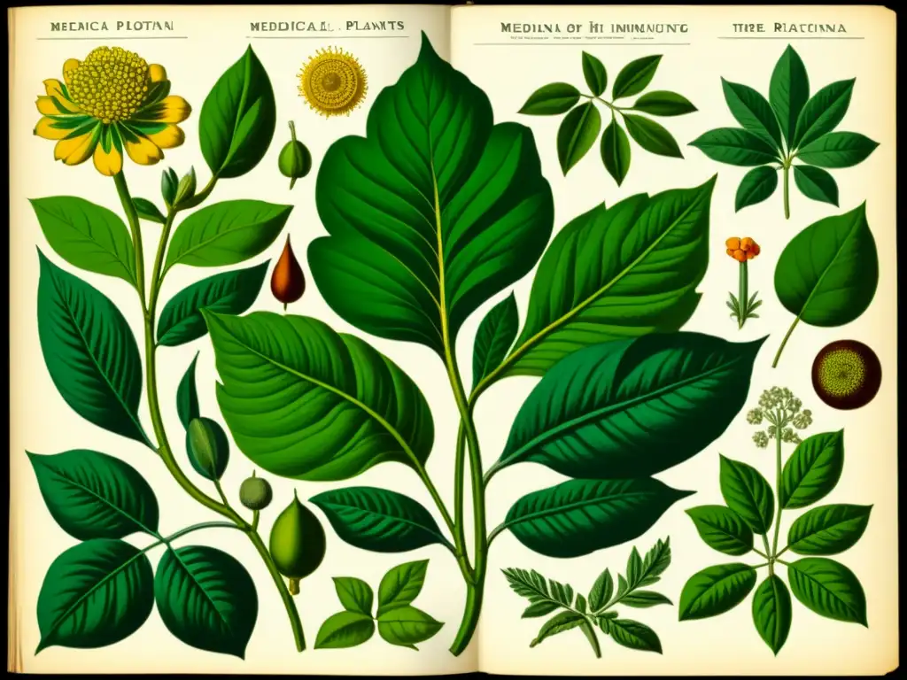 Detalle vívido de ilustración vintage de plantas medicinales para sistema inmunológico, con colores ricos y atmósfera atemporal