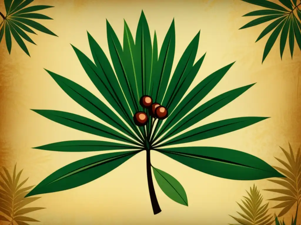 Ilustración vintage del saw palmetto con detalles intrincados en tonos cálidos