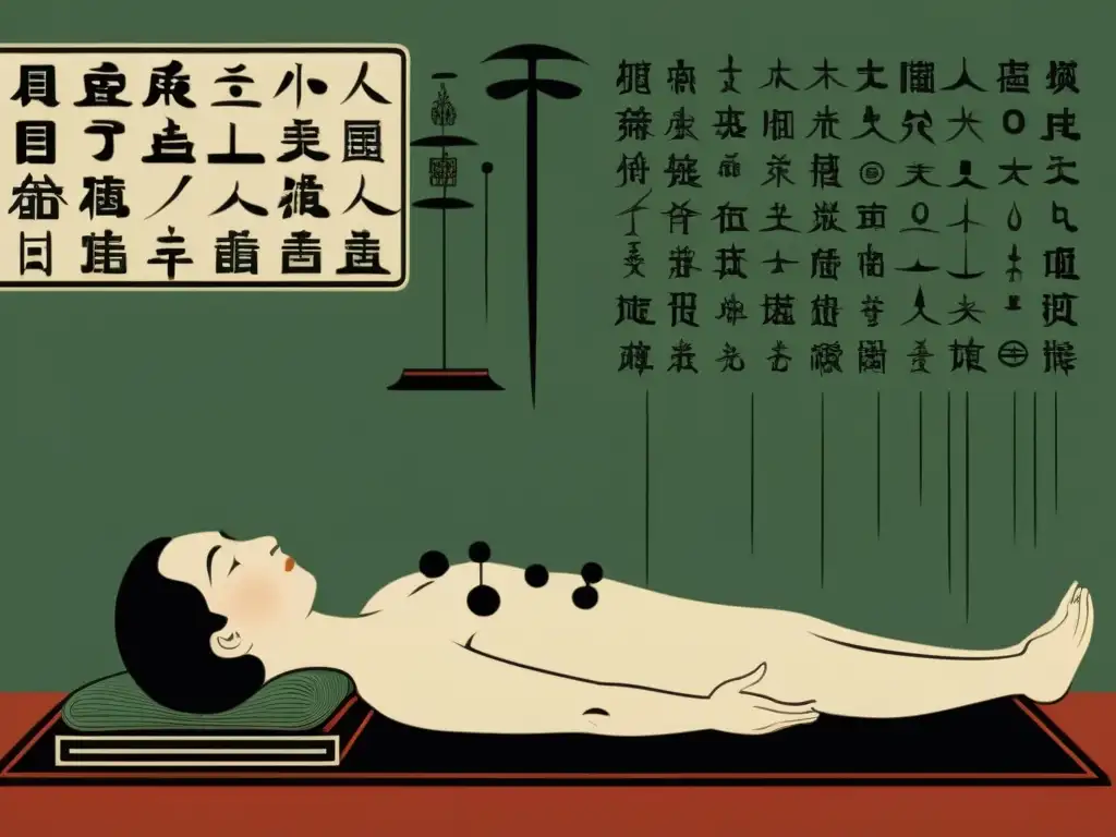 Un ilustración vintage de digitopuntura china, mostrando un practicante habilidoso aplicando presión en puntos específicos del cuerpo