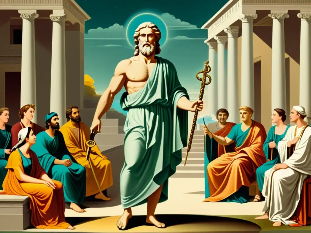 Asclepius, dios de la medicina, irradia sabiduría en una ilustración detallada