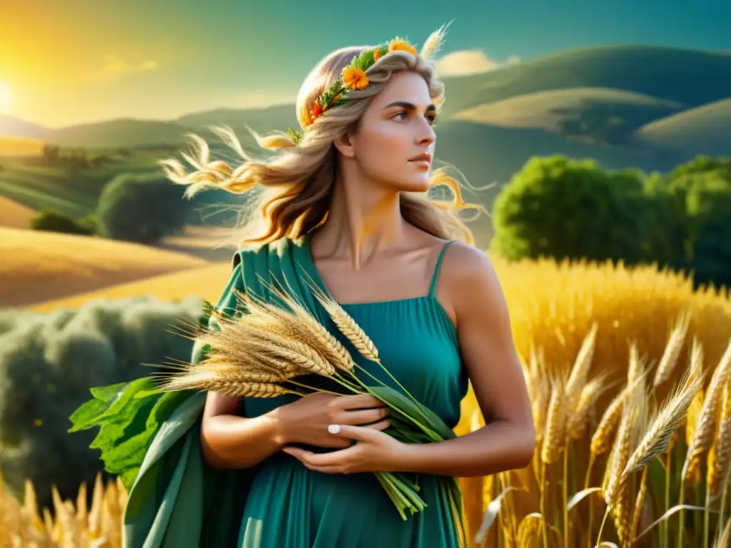 La diosa griega Deméter en una ilustración vintage, rodeada de alimentos divinos, irradiando calidez y fertilidad en un campo soleado