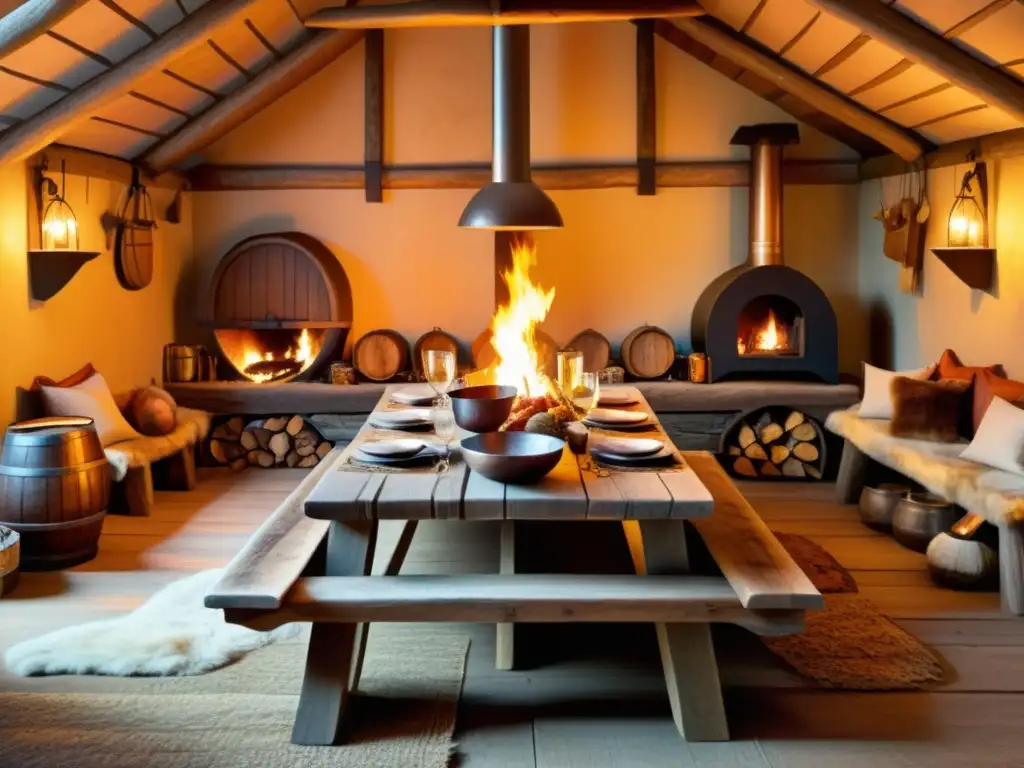 Banquete vikingo en casa larga Diseño detallado de mesa vikinga con comida tradicional para resistencia en casa vikinga iluminada por antorchas
