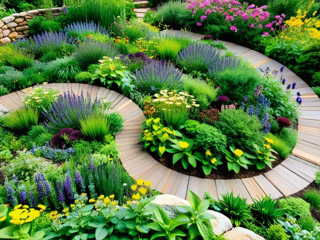 Diseño de jardines medicinales sostenibles con hermosos caminos, plantas aromáticas y flores vibrantes, rodeado de muros de piedra y vida silvestre