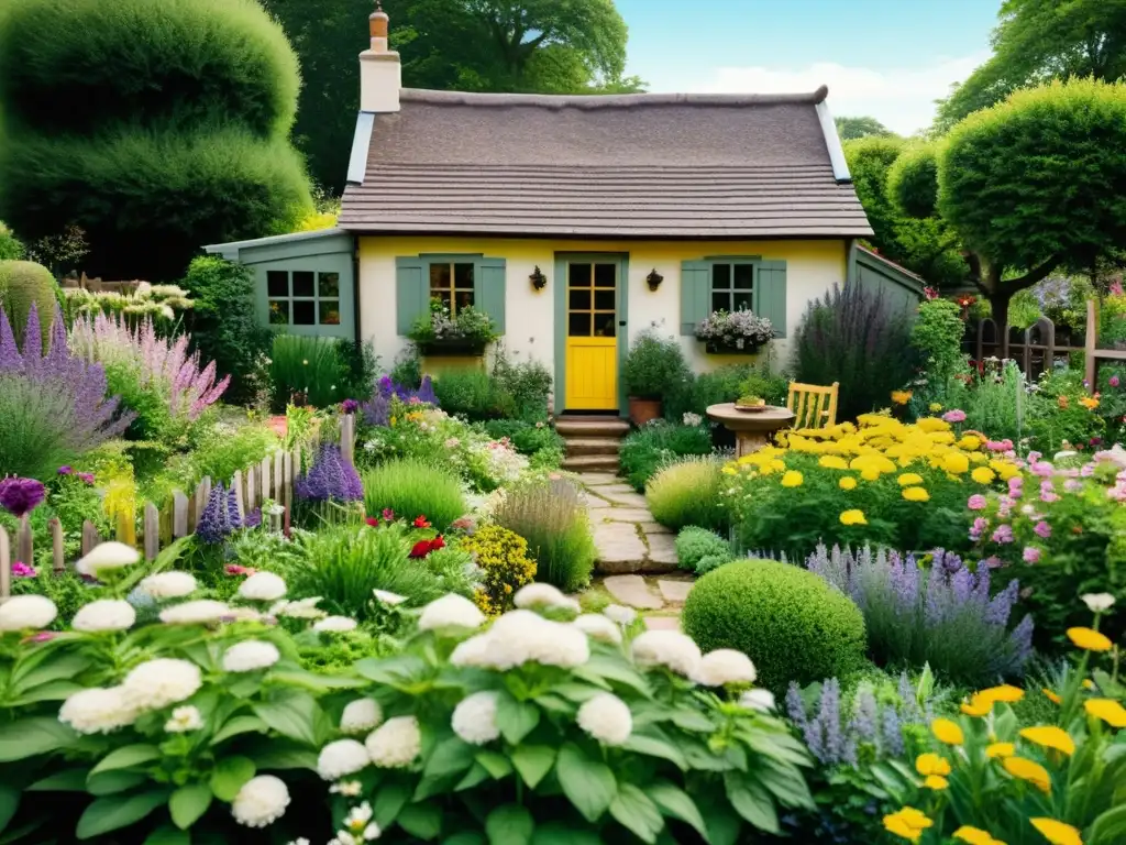 Diseño de jardines medicinales sostenibles en un hermoso jardín vintage lleno de plantas aromáticas y coloridas, rodeado de una valla de madera