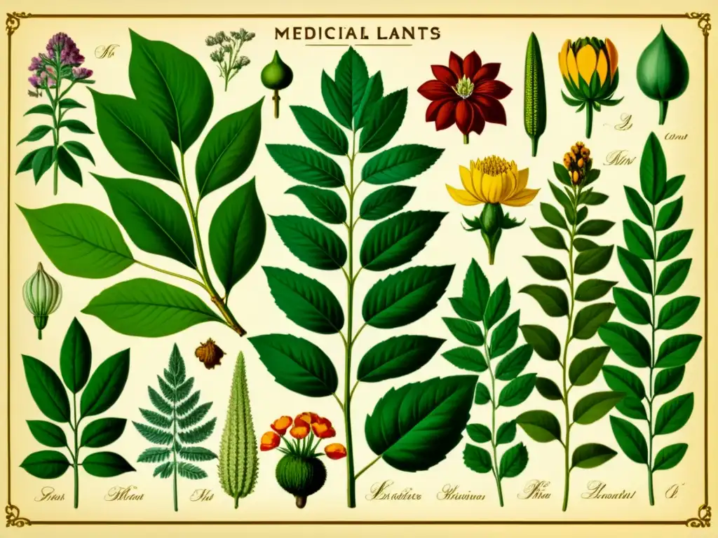 Diversidad genética plantas medicinales en una ilustración vintage de botánica, evocando sabiduría atemporal y reverencia por la naturaleza