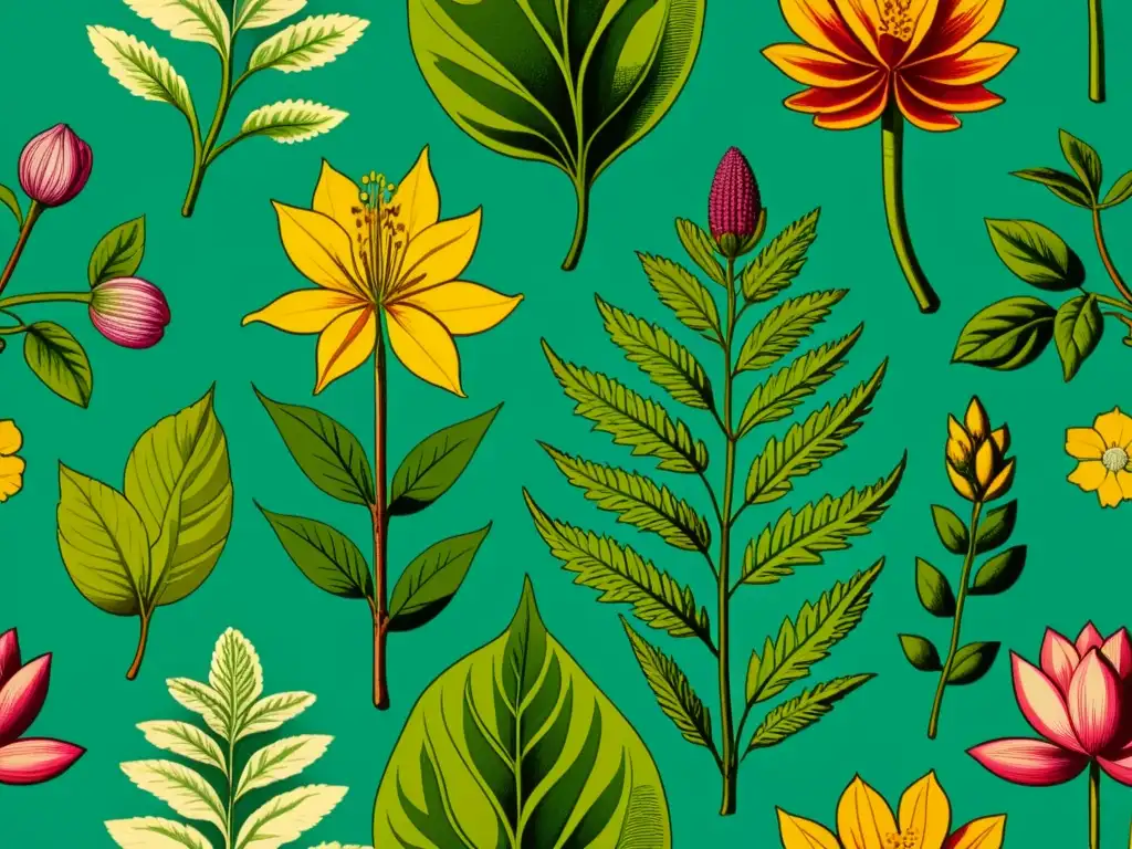 Una ilustración botánica vintage muestra una diversidad de plantas, evocando el descubrimiento de nuevos medicamentos a partir de plantas