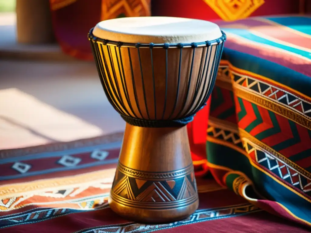 Un djembe africano tallado con patrones tradicionales reposa sobre tela roja y naranja