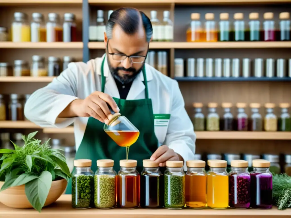 Elaboración cuidadosa de tónico herbal sostenible resaltando detalles y colores vibrantes en laboratorio artesanal