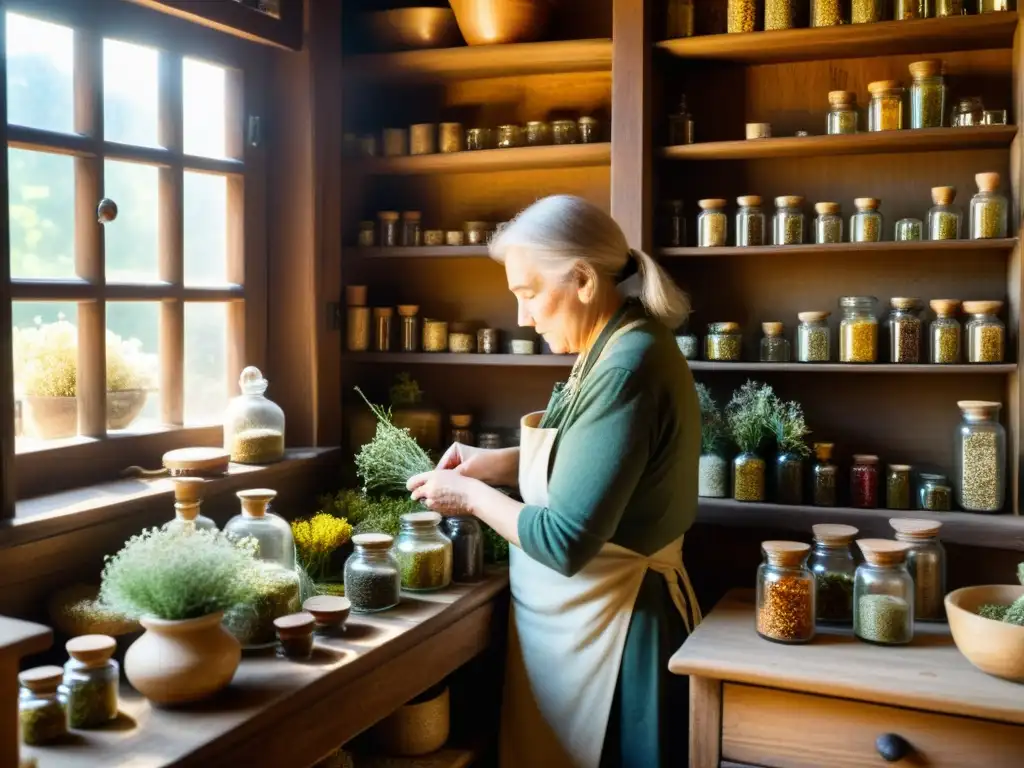 Elaboración de remedios herbales en apotecario antiguo, evocando la medicina tradicional y la sabiduría ancestral