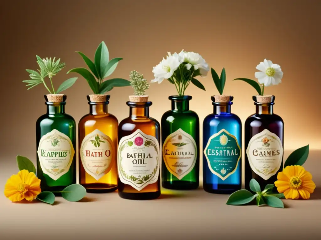 Un elegante arreglo de botellas antiguas de aceites esenciales antienvejecimiento, decoradas con flores y etiquetas ornamentales, bañadas en cálida luz suave