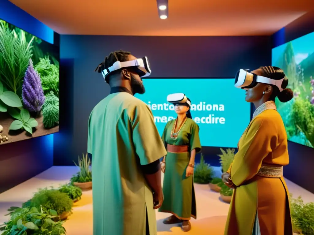 Un encuentro en realidad virtual reúne a curanderos de distintas culturas con hierbas medicinales y atuendos tradicionales, mostrando la fusión de la medicina tradicional y el ciberespacio