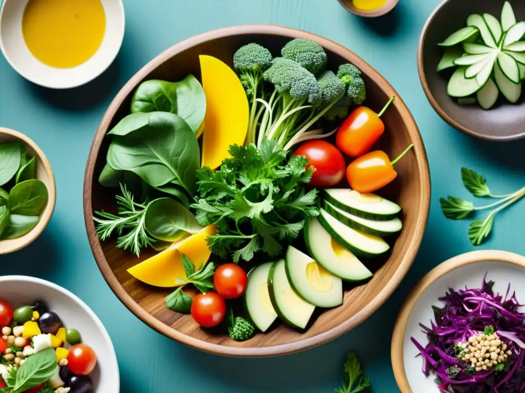 Una ilustración vintage de ensaladas ancestrales de todo el mundo, con vegetales y hierbas coloridos en una mesa rústica