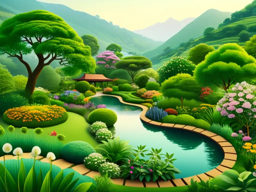 Jardín Ayurvédico: Armonía Natural y Sabiduría Ancestral Un jardín Ayurveda de ensueño con plantas medicinales, un arroyo y un practicante