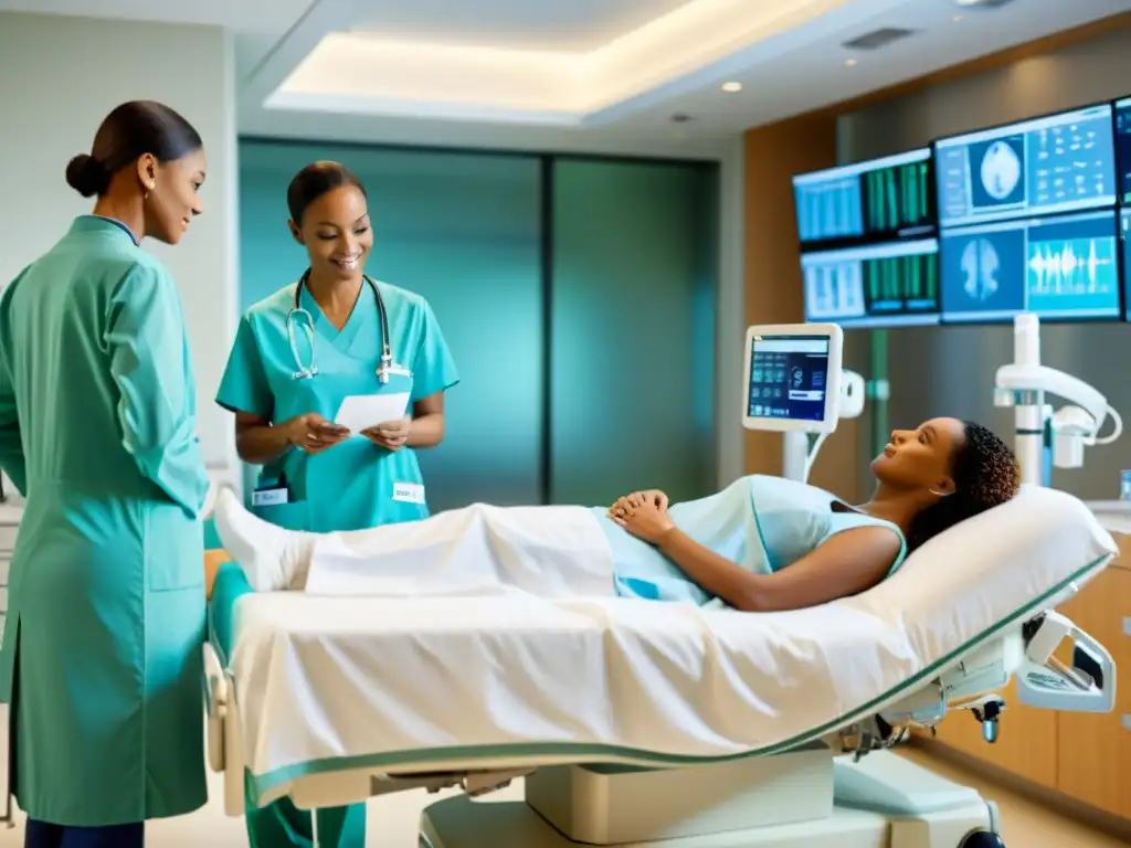 Un equipo médico diverso colabora en una habitación hospitalaria moderna con equipos de última generación