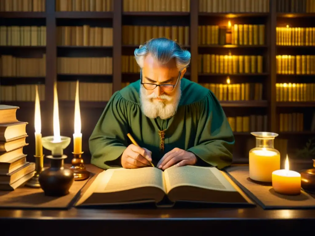 Un erudito en una biblioteca antigua, destilando aceites esenciales de plantas antiguas