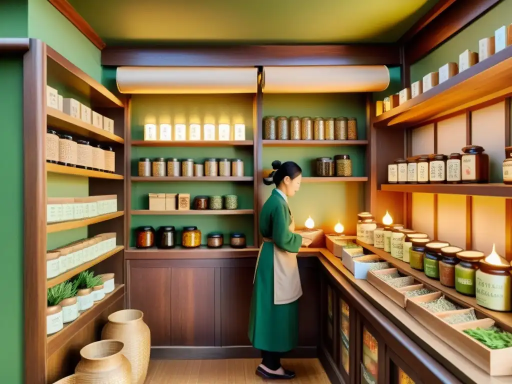 Escena animada en una tienda de medicina china tradicional, con clientes y un herborista sabio, exudando sabiduría ancestral y tradiciones curativas