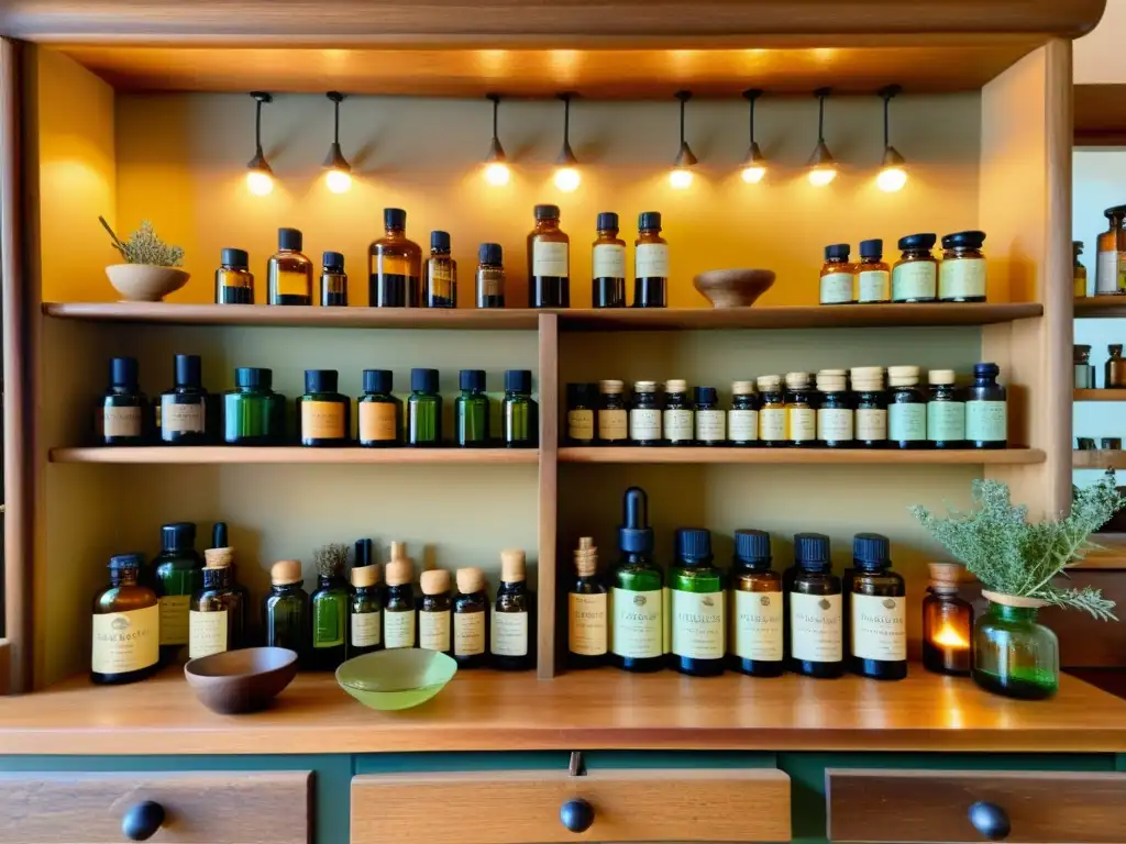 Escena de una antigua botica con estantes repletos de botellas de aceites esenciales de colores