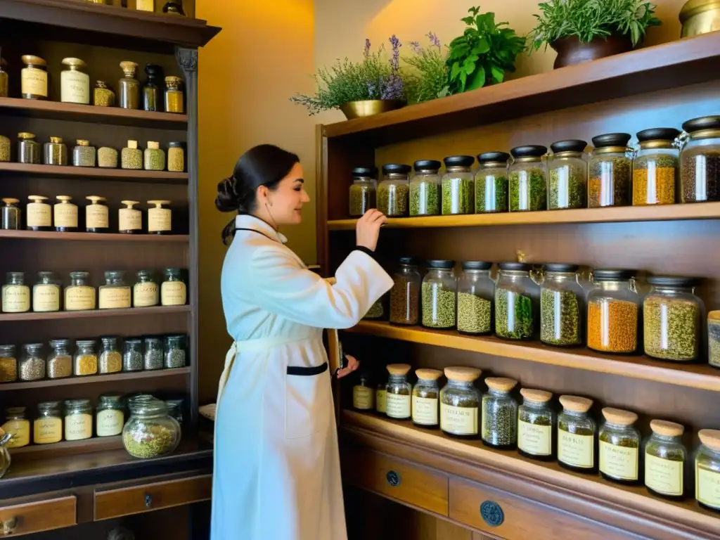 Escena de una antigua botica con estantes llenos de hierbas medicinales coloridas y frascos