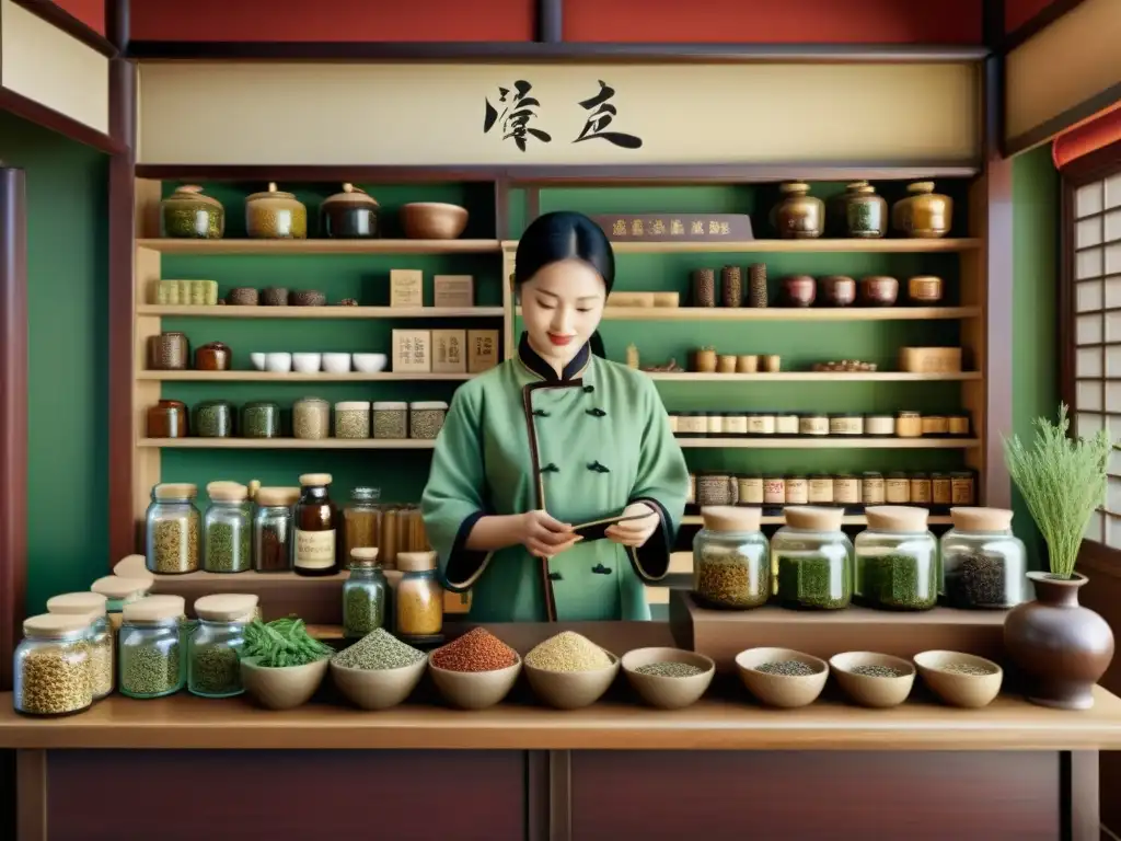 Escena de una antigua tienda de hierbas chinas con clientes y un farmacéutico, evocando la formación herbolaria china alquimia