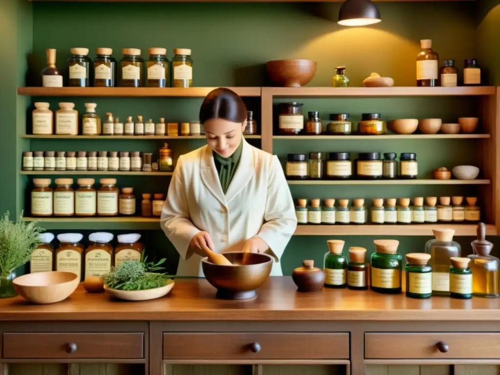 Escena cálida en una botica tradicional con hierbas, un mostrador de madera y un farmacéutico preparando compresas reconfortantes