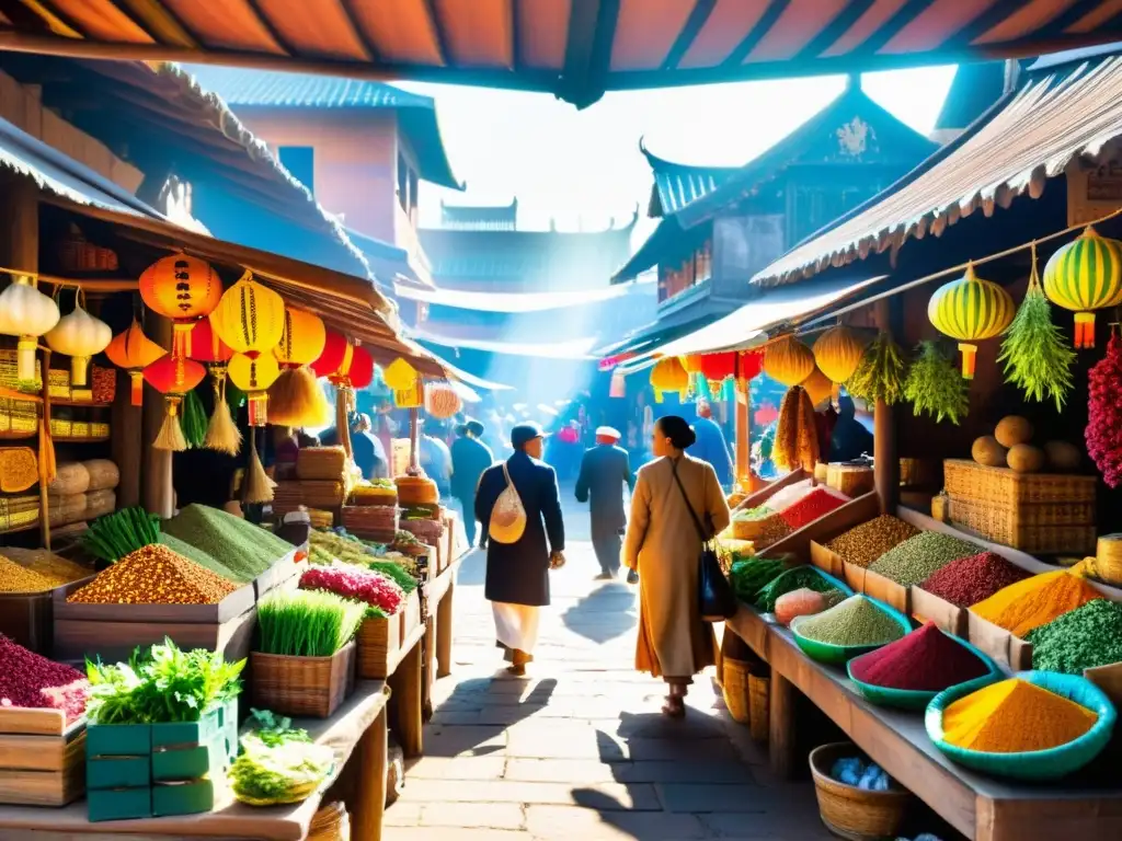 Escena bulliciosa en mercado tradicional de hierbas medicinales con vendedores y clientes disfrutando de la cultura herbal