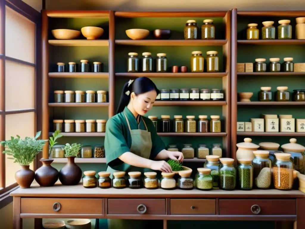 Escena cálida y detallada de una antigua farmacia de medicina china, con estantes repletos de frascos de hierbas