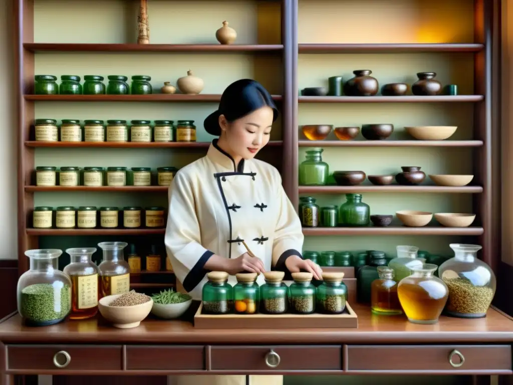 Escena cálida y nostálgica en una antigua farmacia china, con hierbas y remedios, evocando la prevención de enfermedades en medicina china