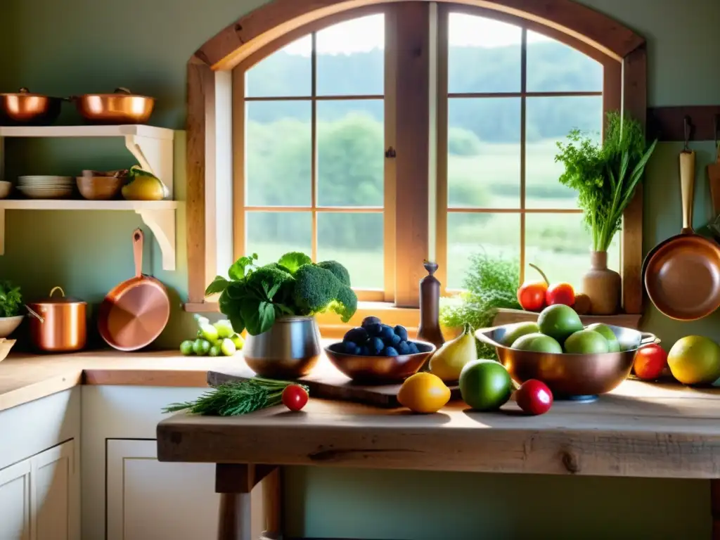 Una escena de cocina rústica con frutas, verduras y hierbas frescas